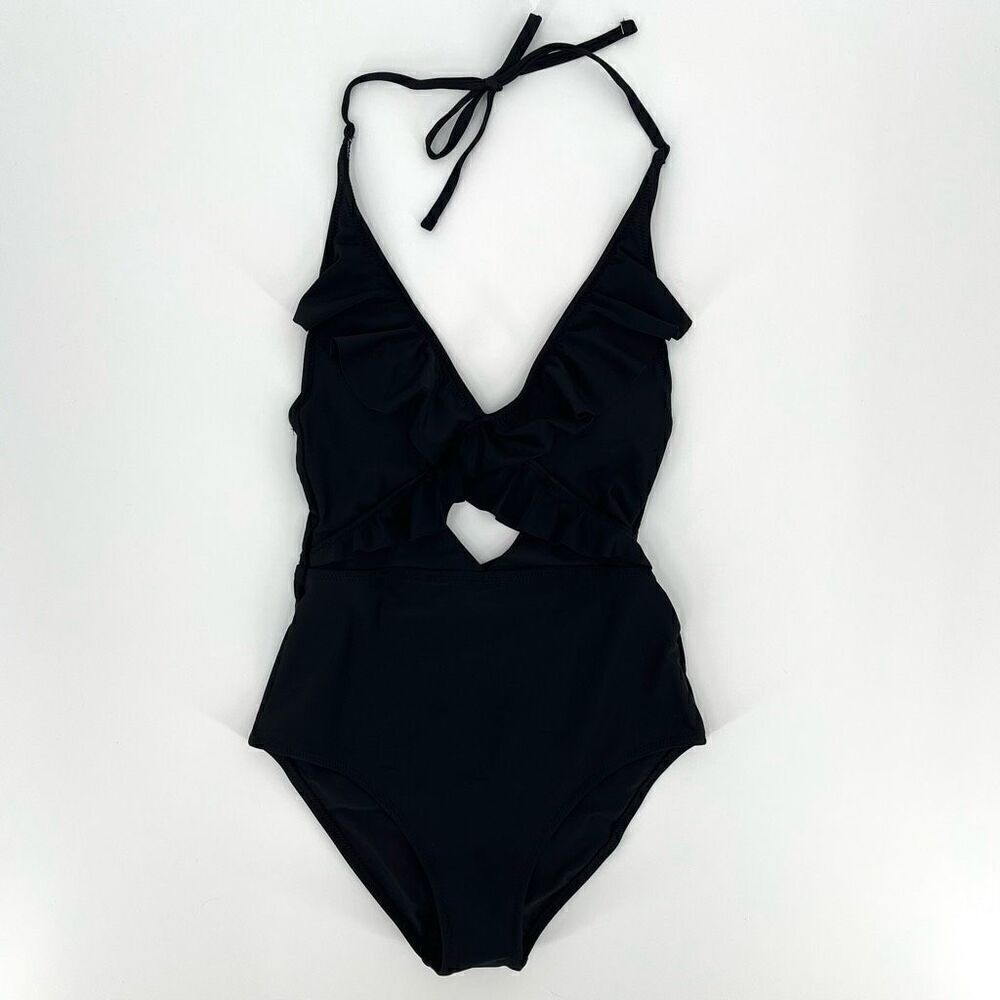 Aerie Cutout Ruffle Full Coverage One Piece Swimsuit Women XS Black NWT